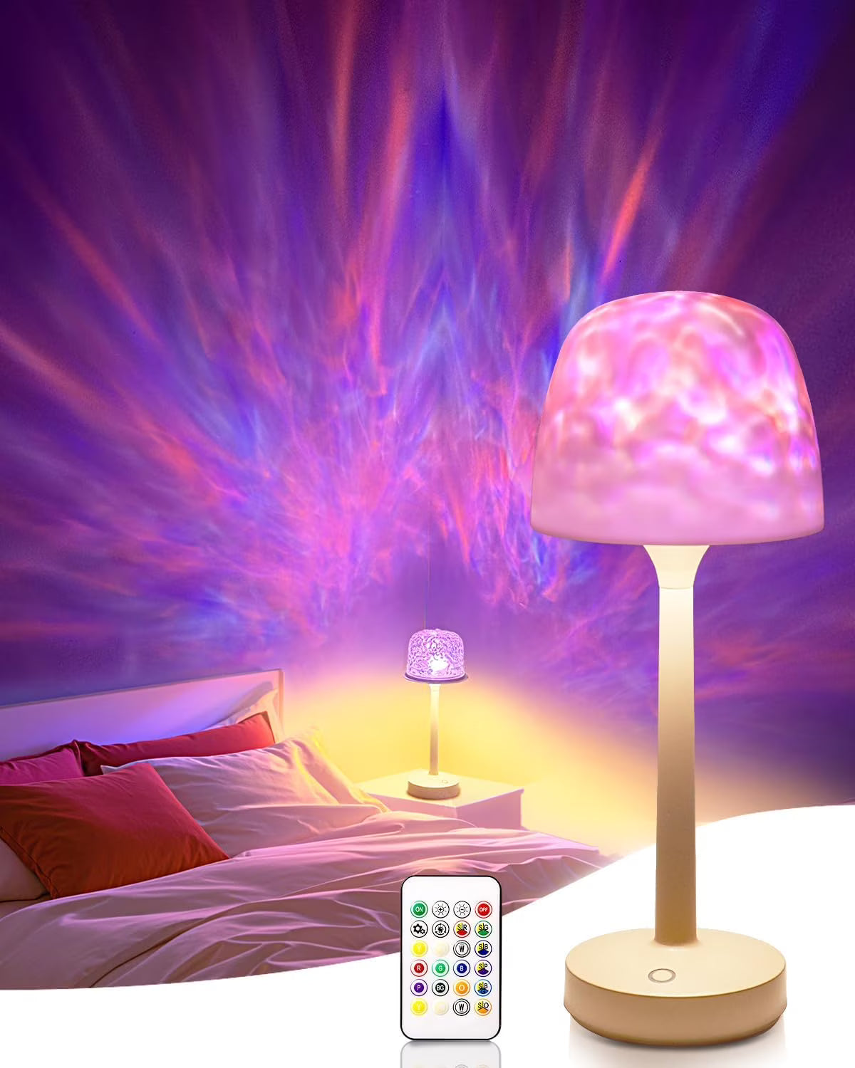 RGB Ocean Wave Projector Table Lamp, USB Rechargeable Cordless Night Light with Remote Control, Dimmable Touch Desk Lamp for Bedroom, Living Room, Kids Room